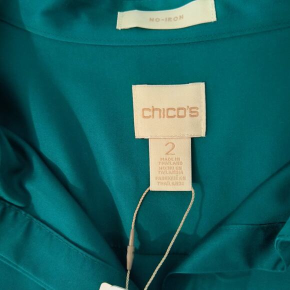 Chico's Button up Shirt Women's Sz 12 Teal Long Sleeve Collared No Iron Cotton - Picture 2 of 13